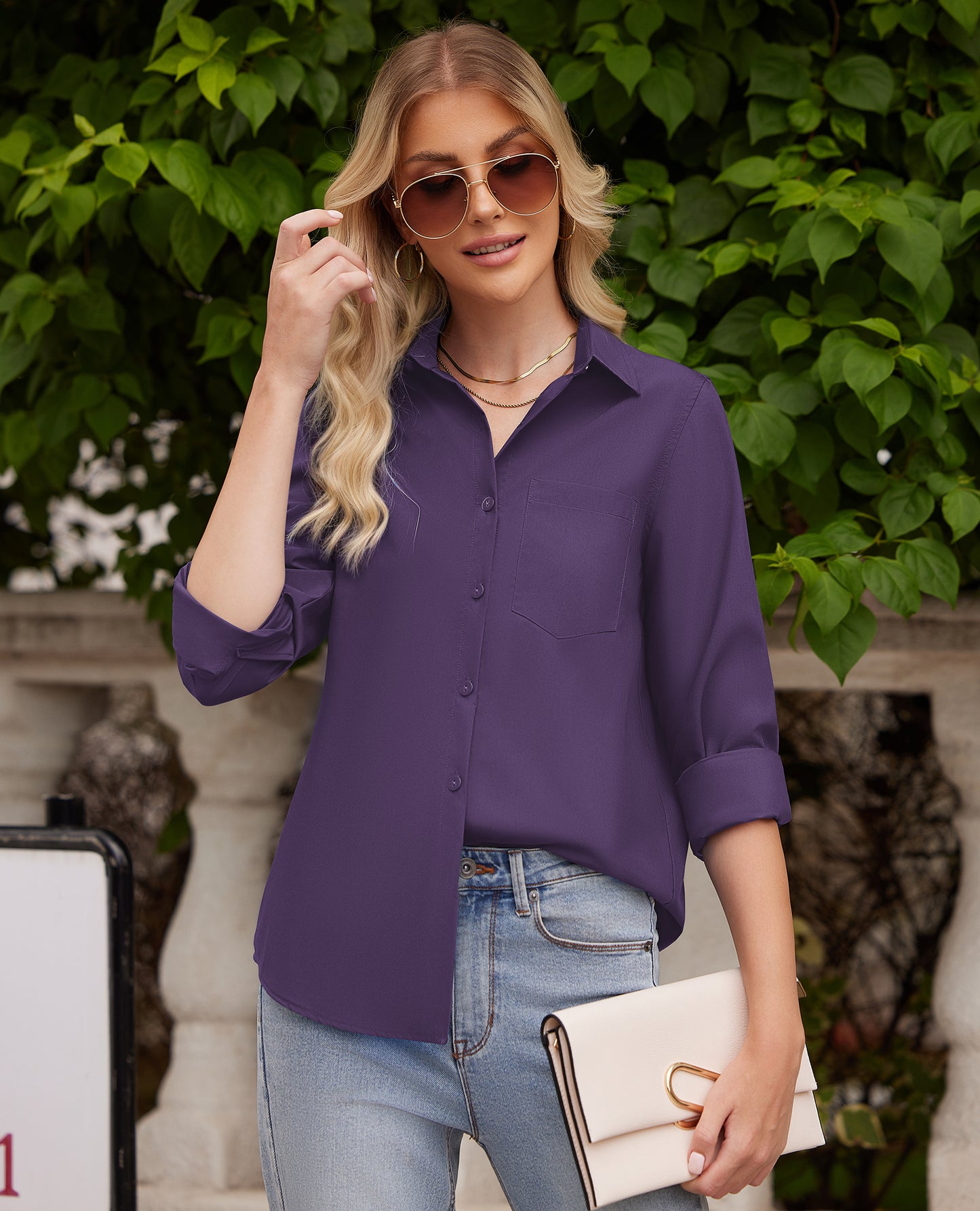 Siliteelon White Button Down Shirts for Women Long Sleeve Wrinkle Free Dress Shirts Work Office Blouse Tops with Pocket