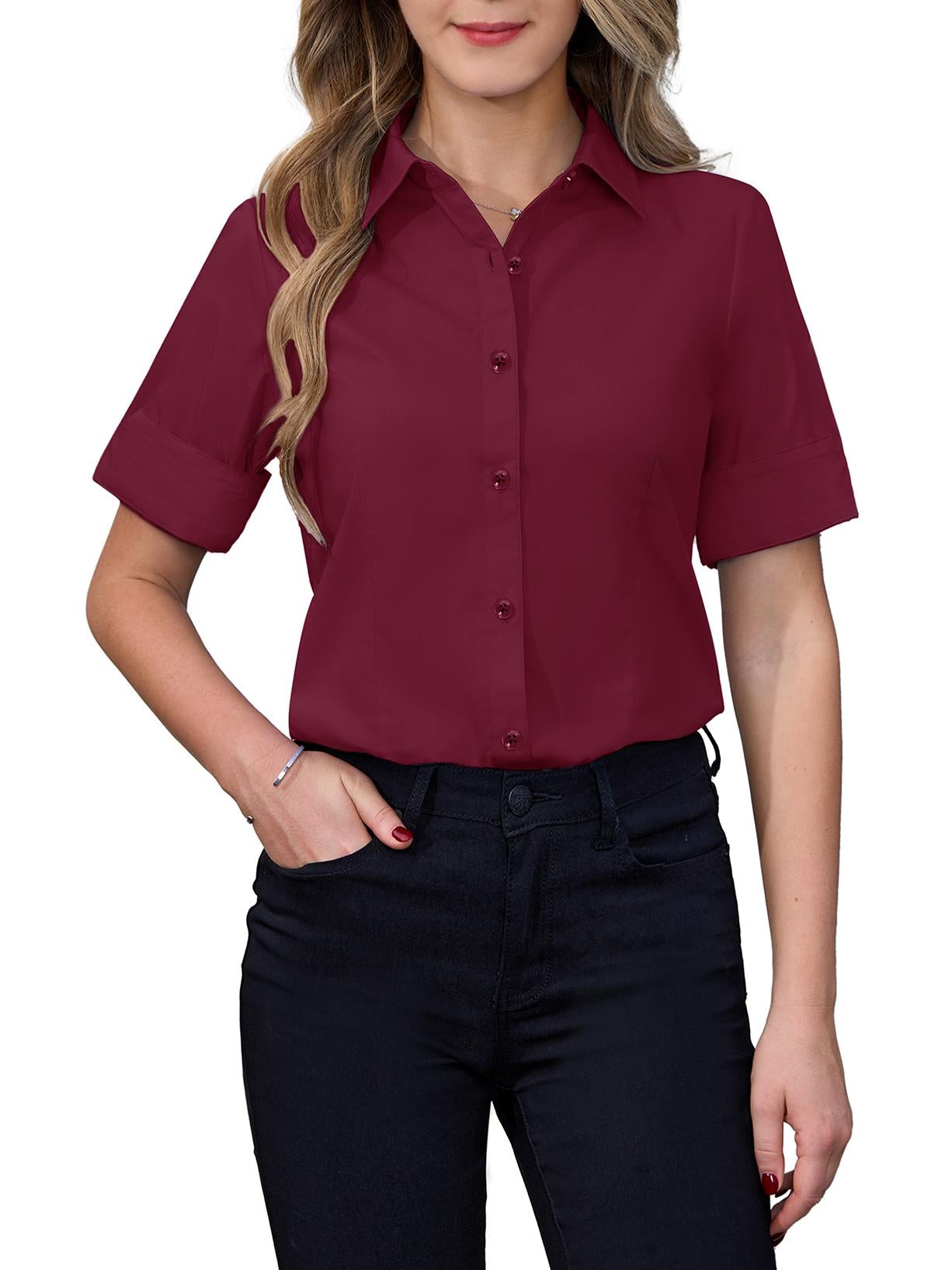 Siliteelon Womens Short Sleeve Work Blouses Cotton Button Down Shirts Slim Fit
