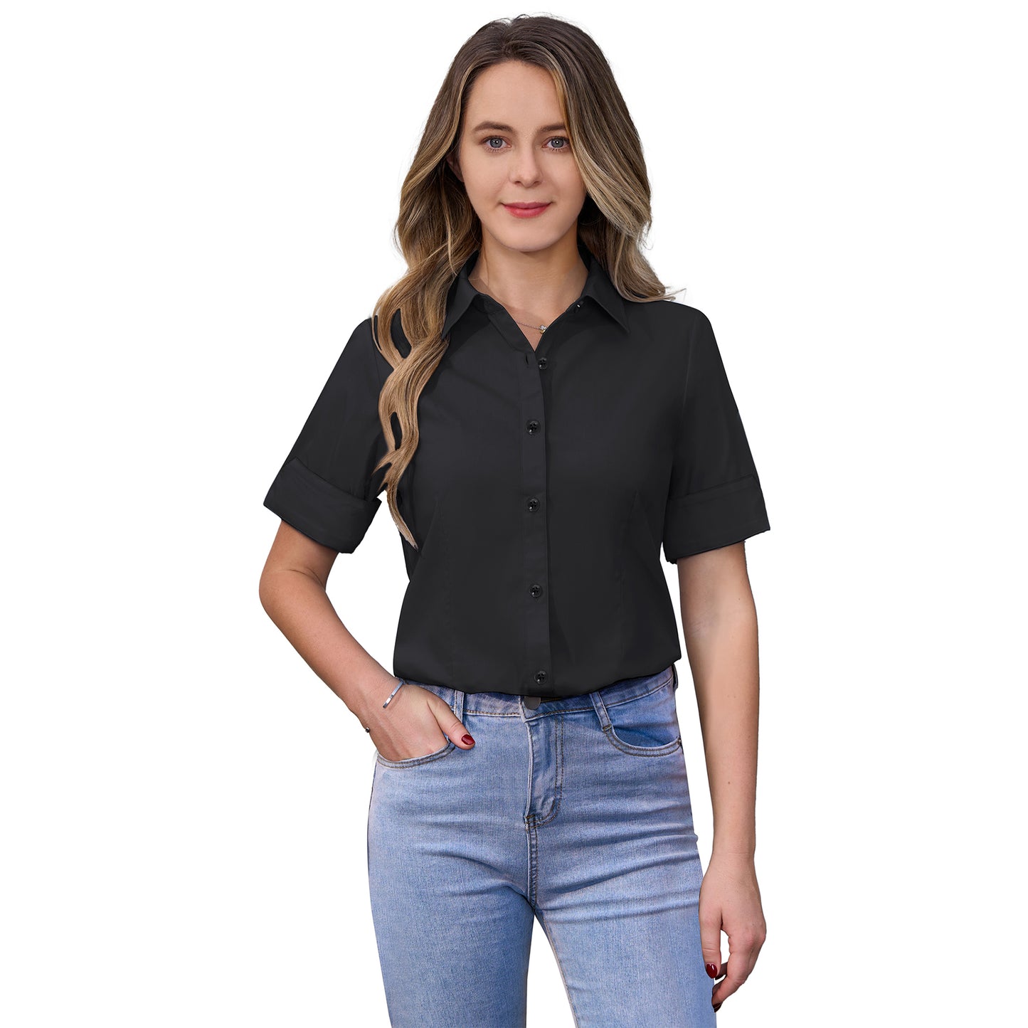 Siliteelon Womens Short Sleeve Work Blouses Cotton Button Down Shirts Slim Fit