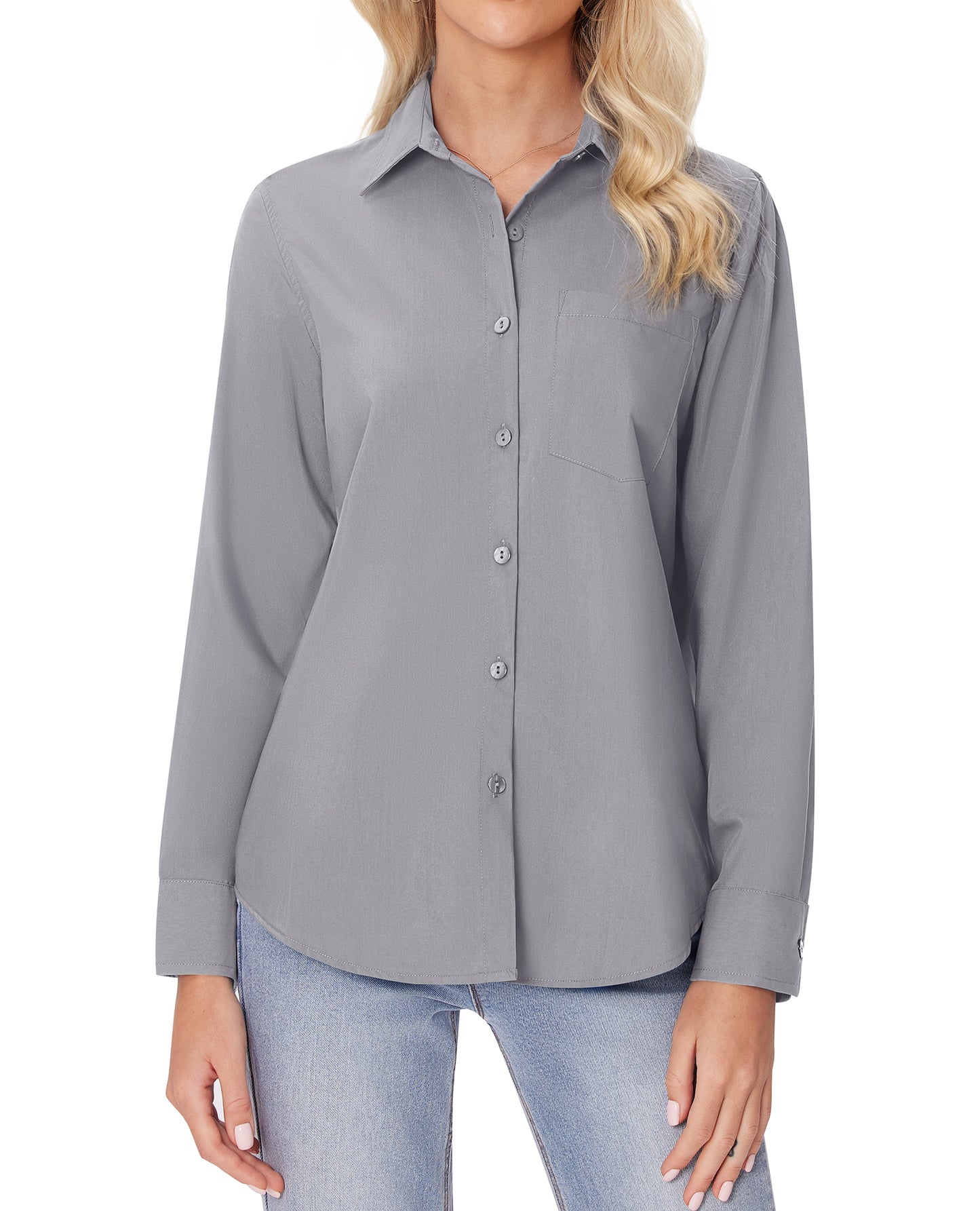 Siliteelon White Button Down Shirts for Women Long Sleeve Wrinkle Free Dress Shirts Work Office Blouse Tops with Pocket