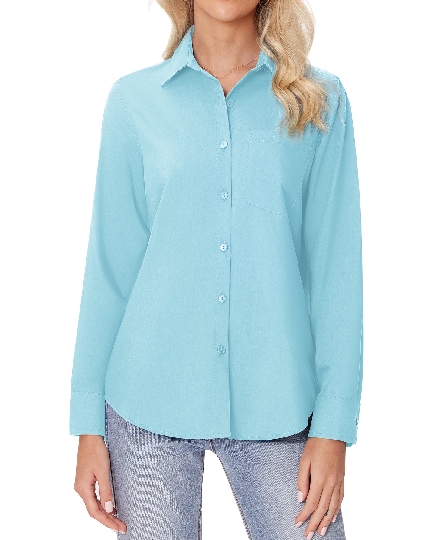 Siliteelon White Button Down Shirts for Women Long Sleeve Wrinkle Free Dress Shirts Work Office Blouse Tops with Pocket