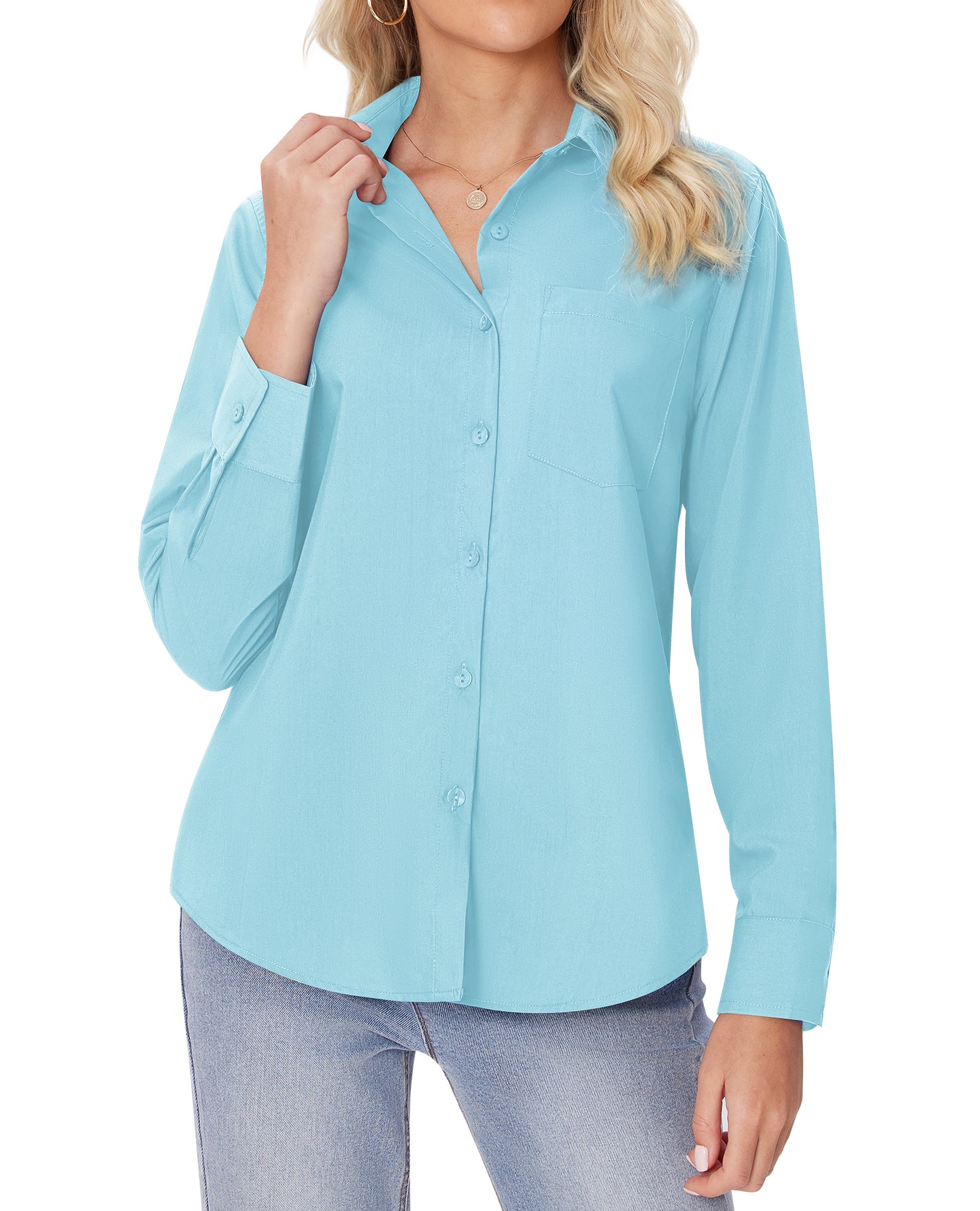 Siliteelon White Button Down Shirts for Women Long Sleeve Wrinkle Free Dress Shirts Work Office Blouse Tops with Pocket