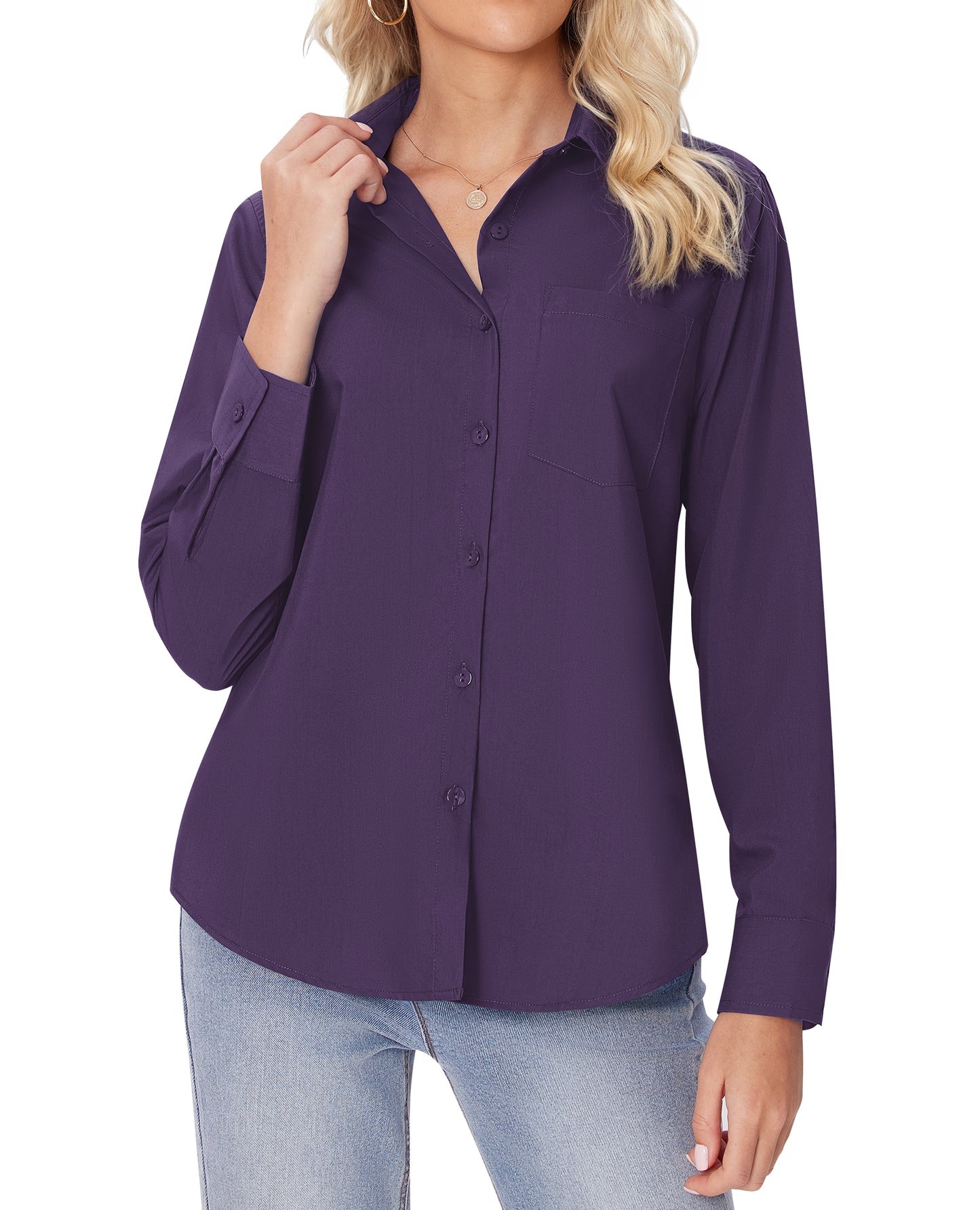 Siliteelon White Button Down Shirts for Women Long Sleeve Wrinkle Free Dress Shirts Work Office Blouse Tops with Pocket