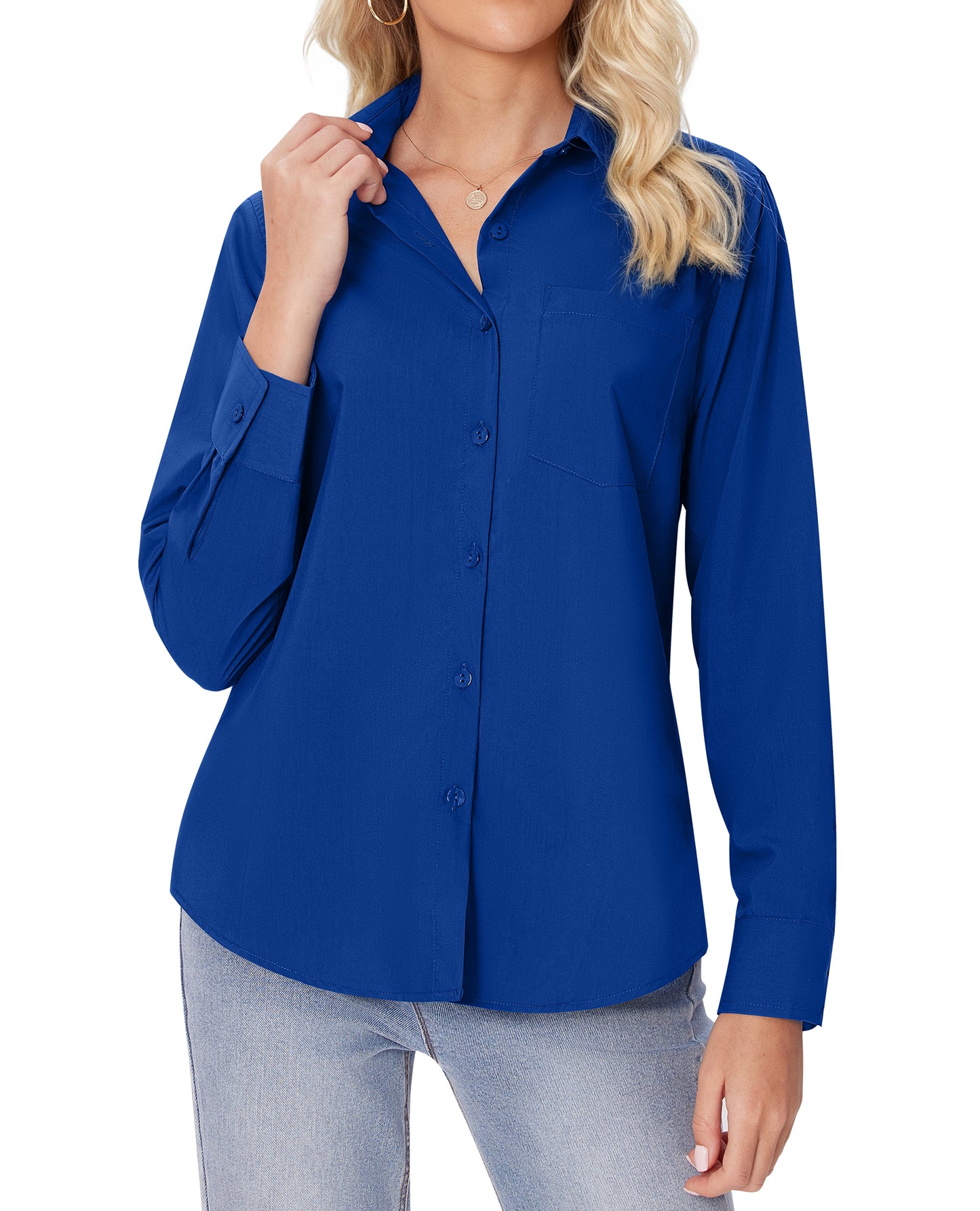 Siliteelon White Button Down Shirts for Women Long Sleeve Wrinkle Free Dress Shirts Work Office Blouse Tops with Pocket