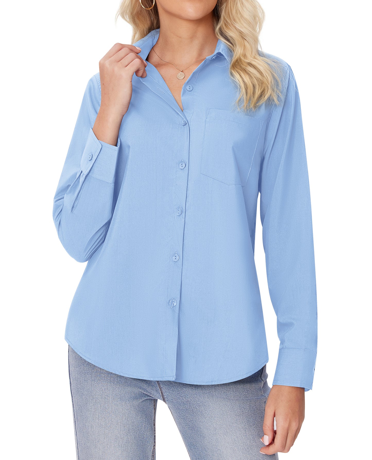 Siliteelon White Button Down Shirts for Women Long Sleeve Wrinkle Free Dress Shirts Work Office Blouse Tops with Pocket