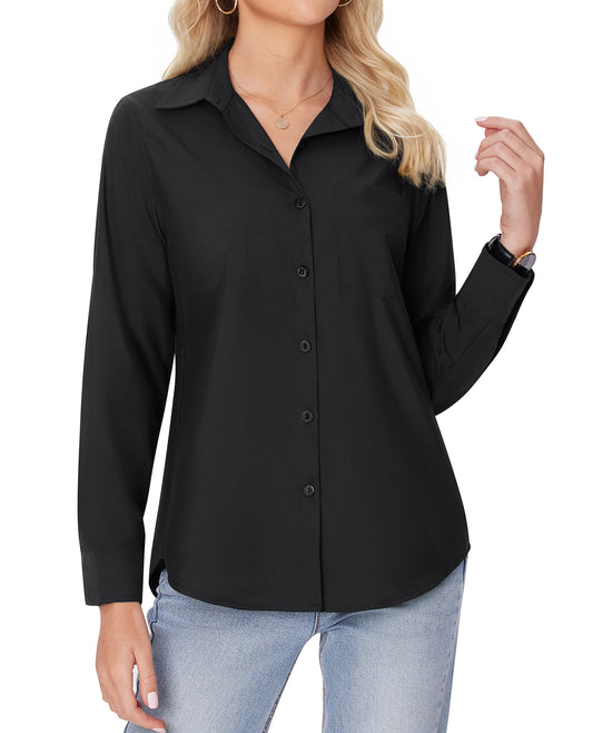Siliteelon White Button Down Shirts for Women Long Sleeve Wrinkle Free Dress Shirts Work Office Blouse Tops with Pocket