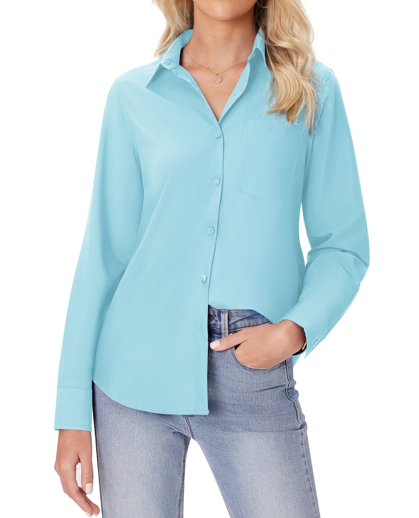 Siliteelon White Button Down Shirts for Women Long Sleeve Wrinkle Free Dress Shirts Work Office Blouse Tops with Pocket