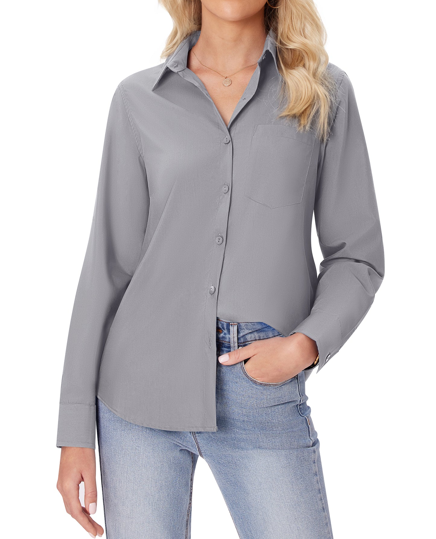 Siliteelon White Button Down Shirts for Women Long Sleeve Wrinkle Free Dress Shirts Work Office Blouse Tops with Pocket