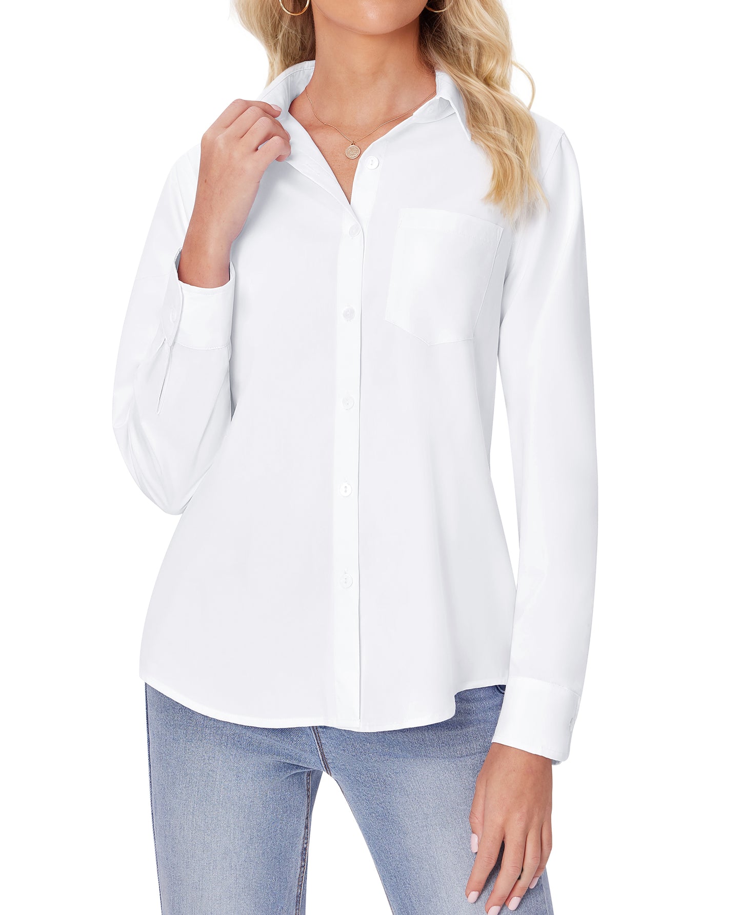 Siliteelon White Button Down Shirts for Women Long Sleeve Wrinkle Free Dress Shirts Work Office Blouse Tops with Pocket