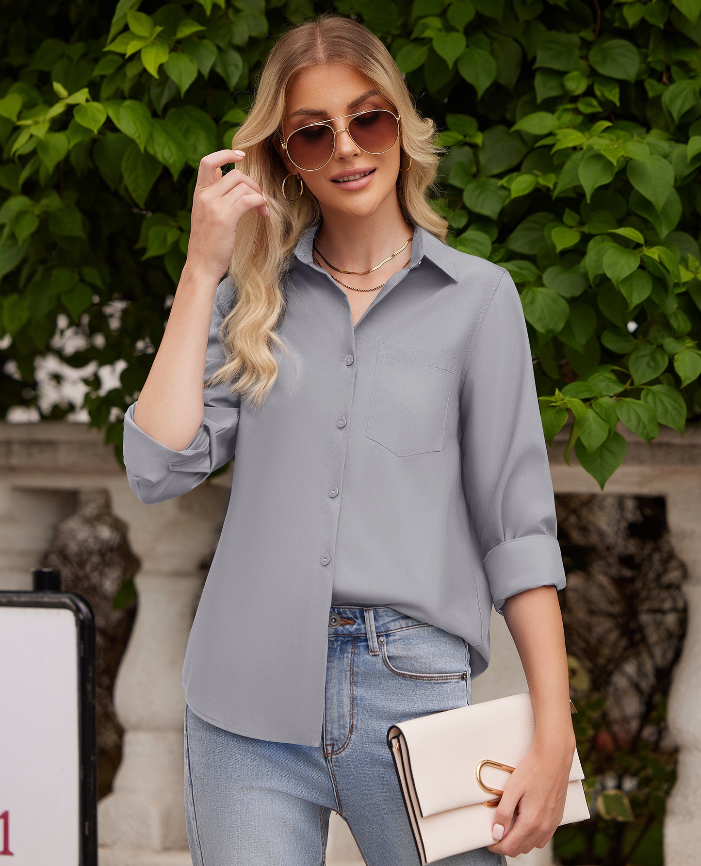 Siliteelon White Button Down Shirts for Women Long Sleeve Wrinkle Free Dress Shirts Work Office Blouse Tops with Pocket