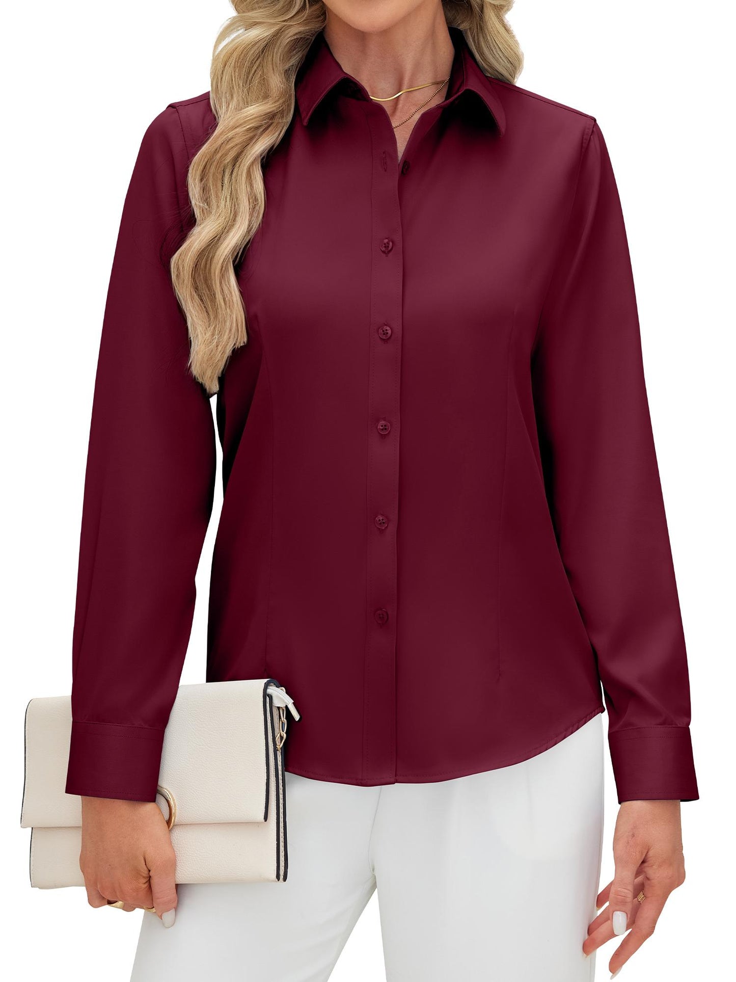 Siliteelon Women's Long Sleeve Button Down Shirts Wrinkle-Free Office Work Blouse