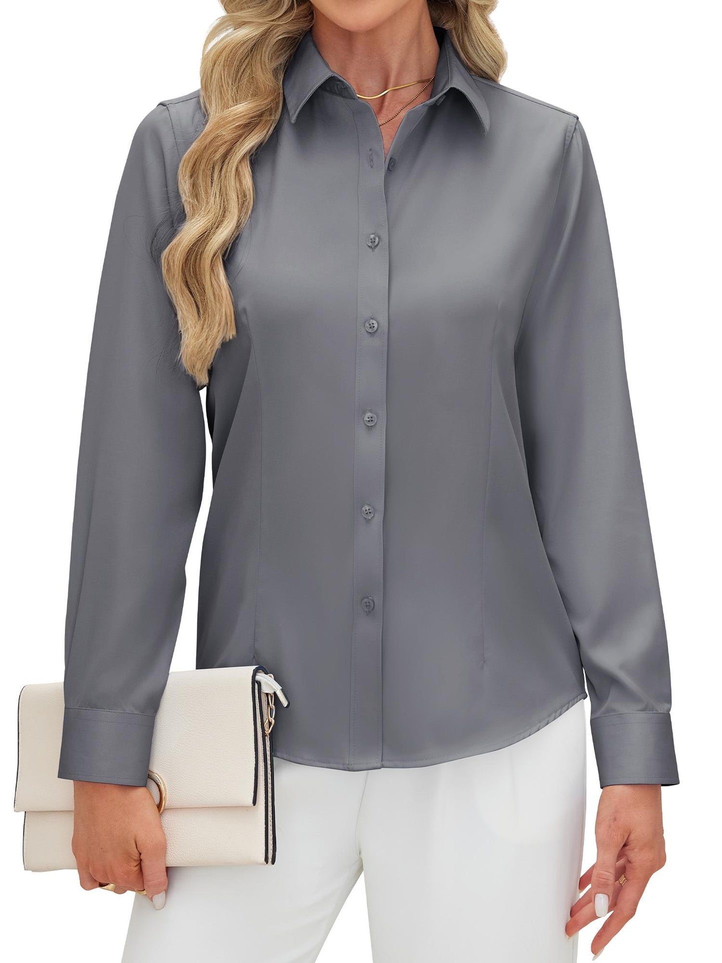Siliteelon Women's Long Sleeve Button Down Shirts Wrinkle-Free Office Work Blouse