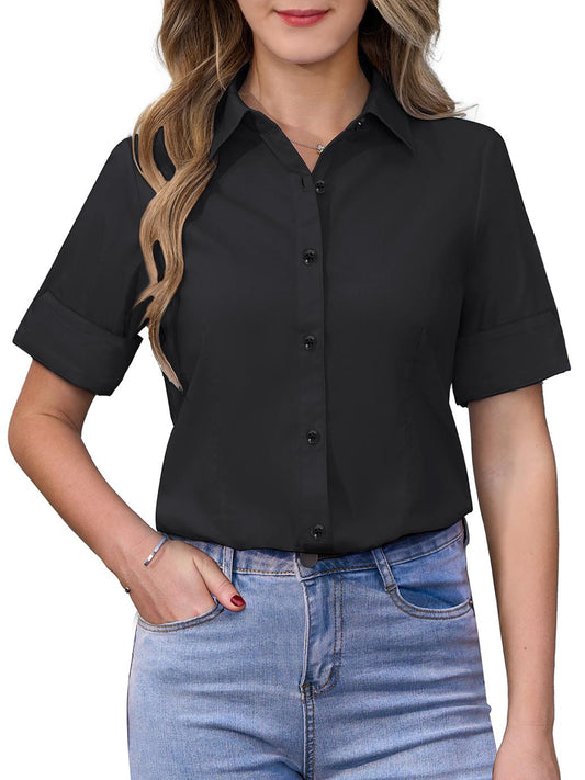 Siliteelon Womens Short Sleeve Work Blouses Cotton Button Down Shirts Slim Fit