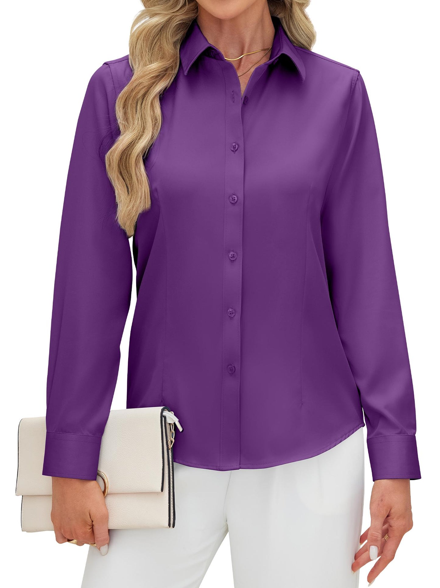 Siliteelon Women's Long Sleeve Button Down Shirts Wrinkle-Free Office Work Blouse