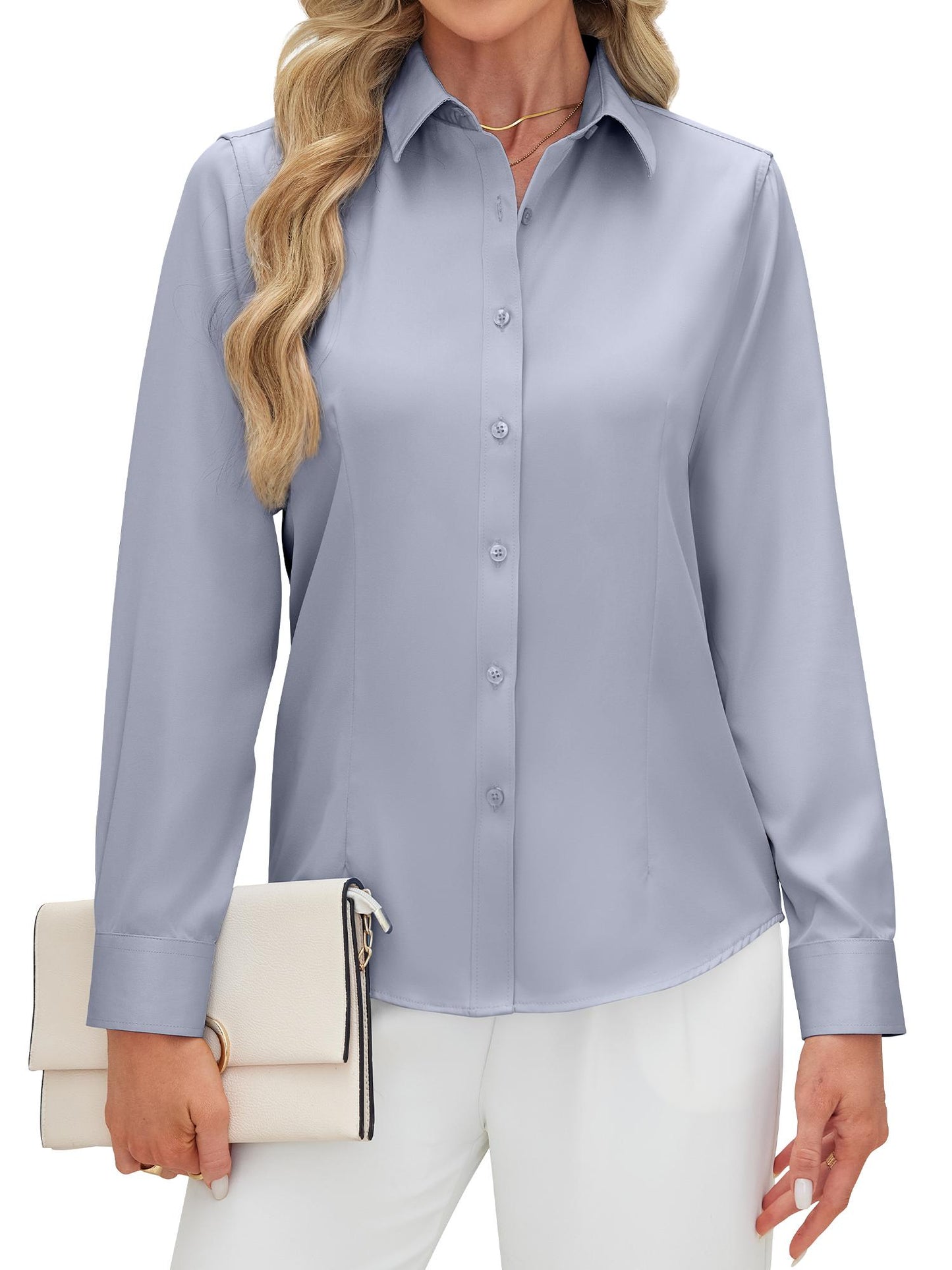 Siliteelon Women's Long Sleeve Button Down Shirts Wrinkle-Free Office Work Blouse