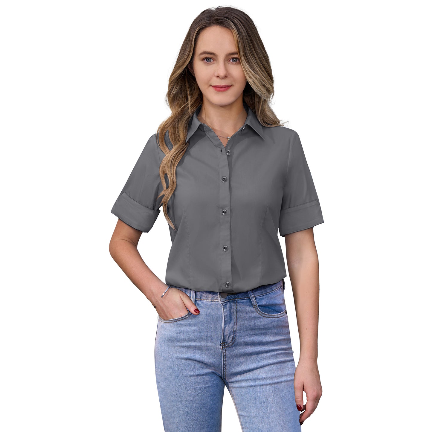 Siliteelon Womens Short Sleeve Work Blouses Cotton Button Down Shirts Slim Fit