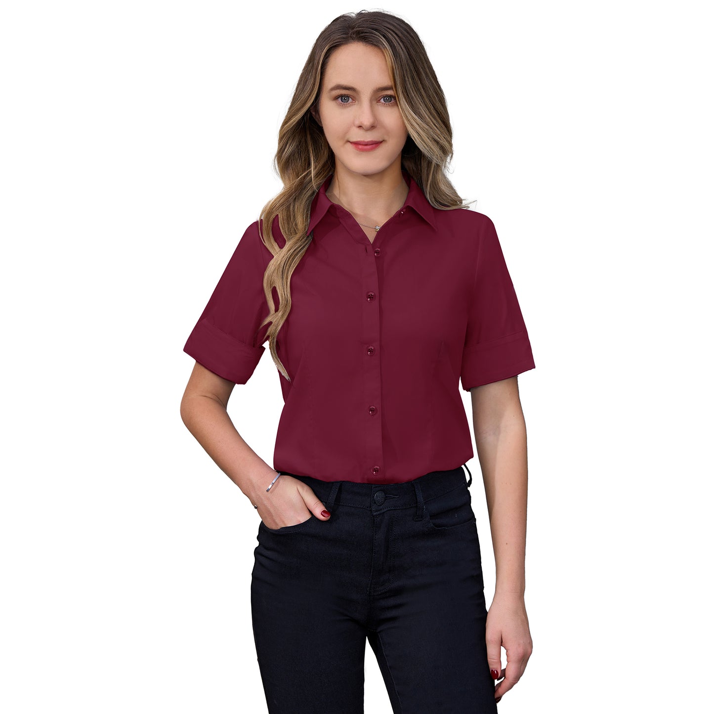 Siliteelon Womens Short Sleeve Work Blouses Cotton Button Down Shirts Slim Fit