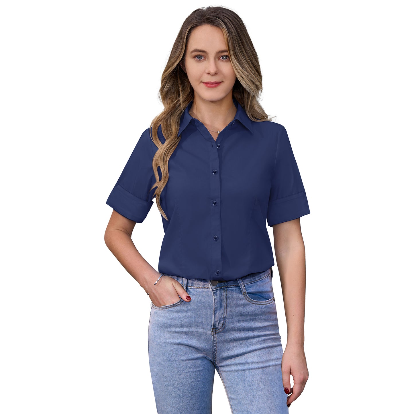 Siliteelon Womens Short Sleeve Work Blouses Cotton Button Down Shirts Slim Fit