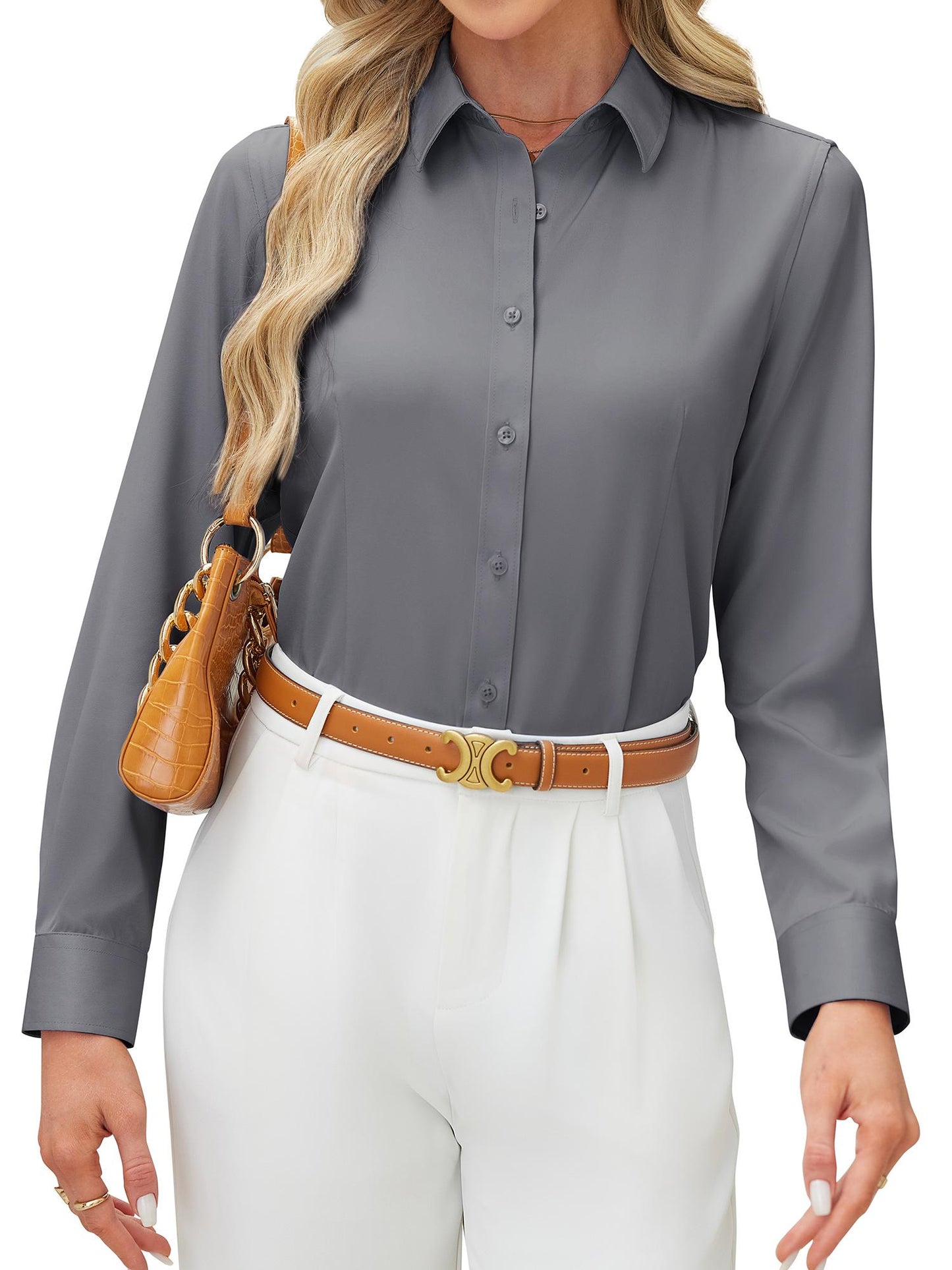 Siliteelon Women's Long Sleeve Button Down Shirts Wrinkle-Free Office Work Blouse