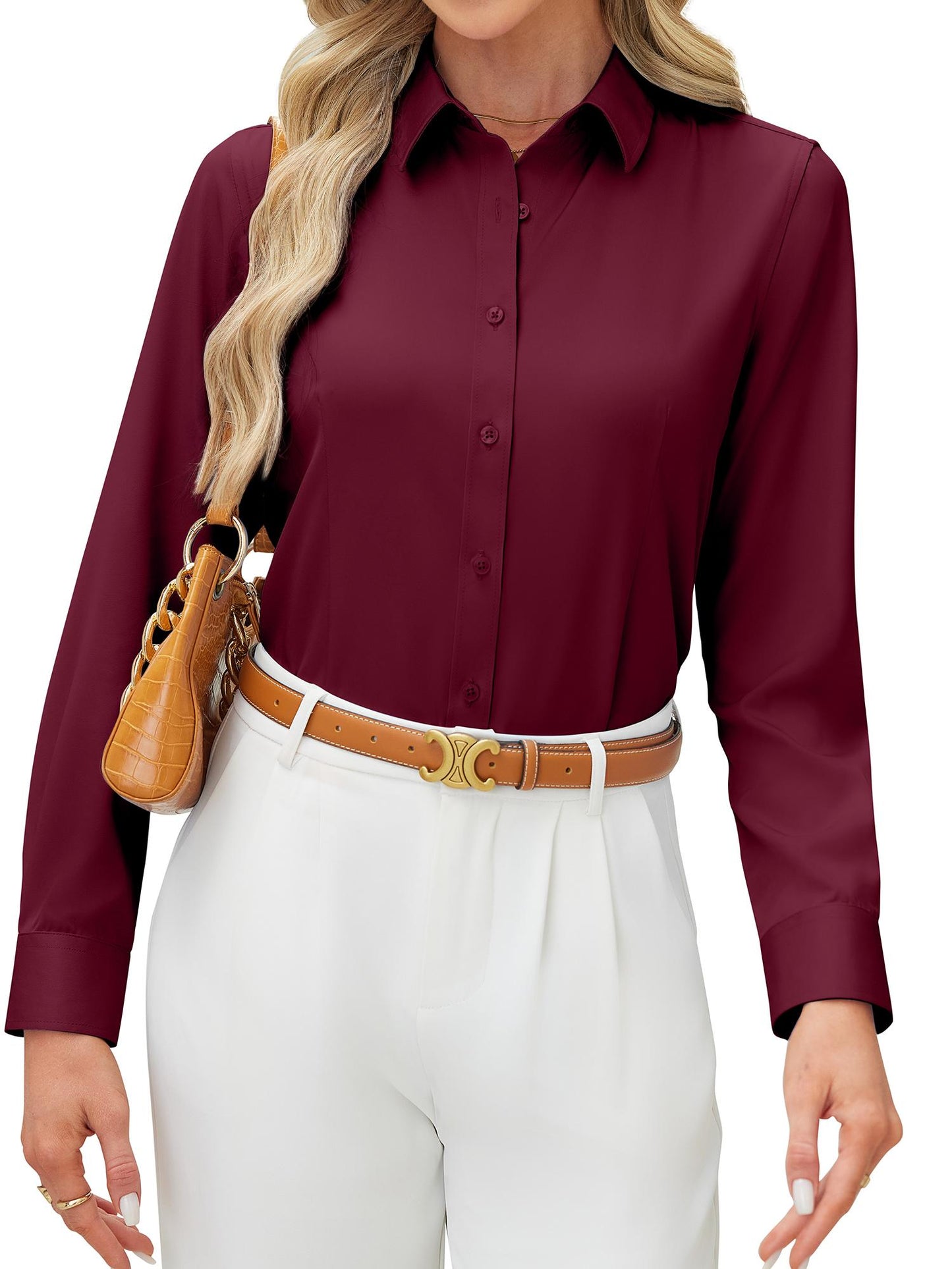 Siliteelon Women's Long Sleeve Button Down Shirts Wrinkle-Free Office Work Blouse