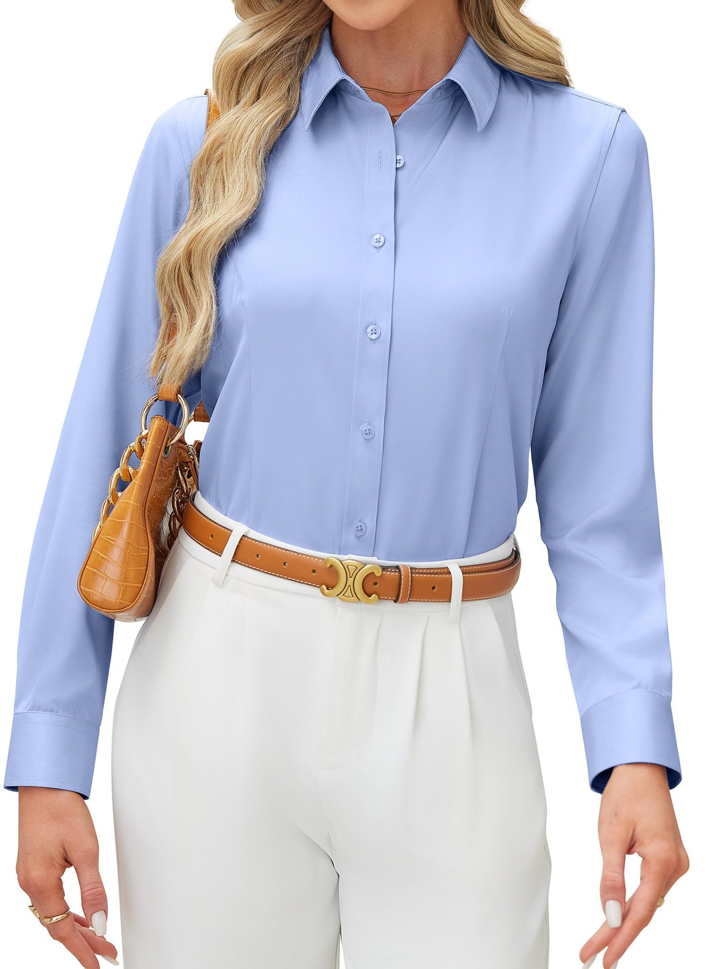 Siliteelon Women's Long Sleeve Button Down Shirts Wrinkle-Free Office Work Blouse