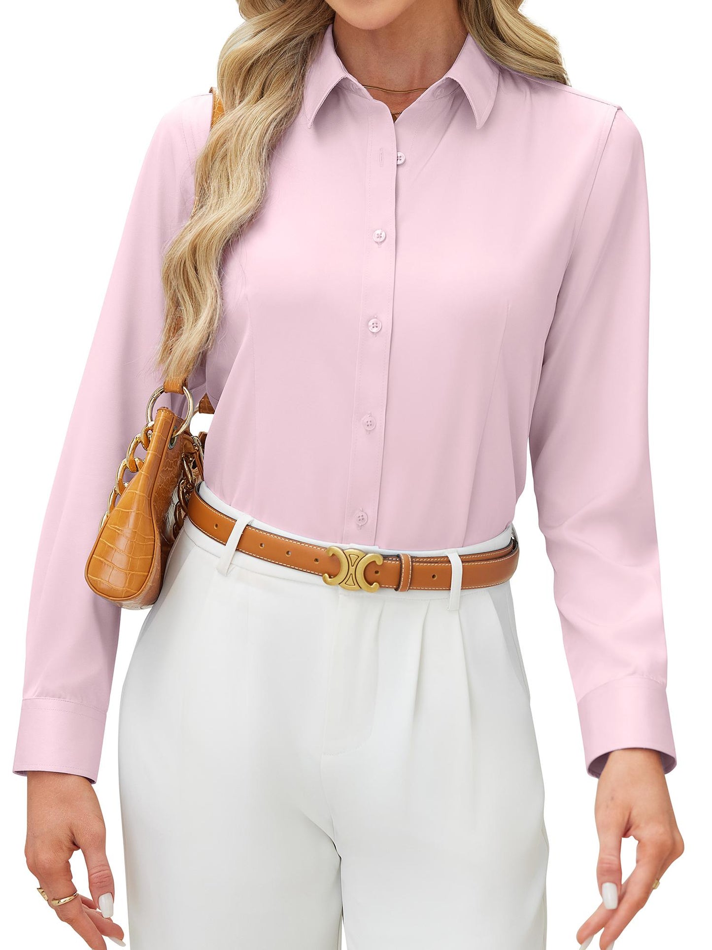 Siliteelon Women's Long Sleeve Button Down Shirts Wrinkle-Free Office Work Blouse
