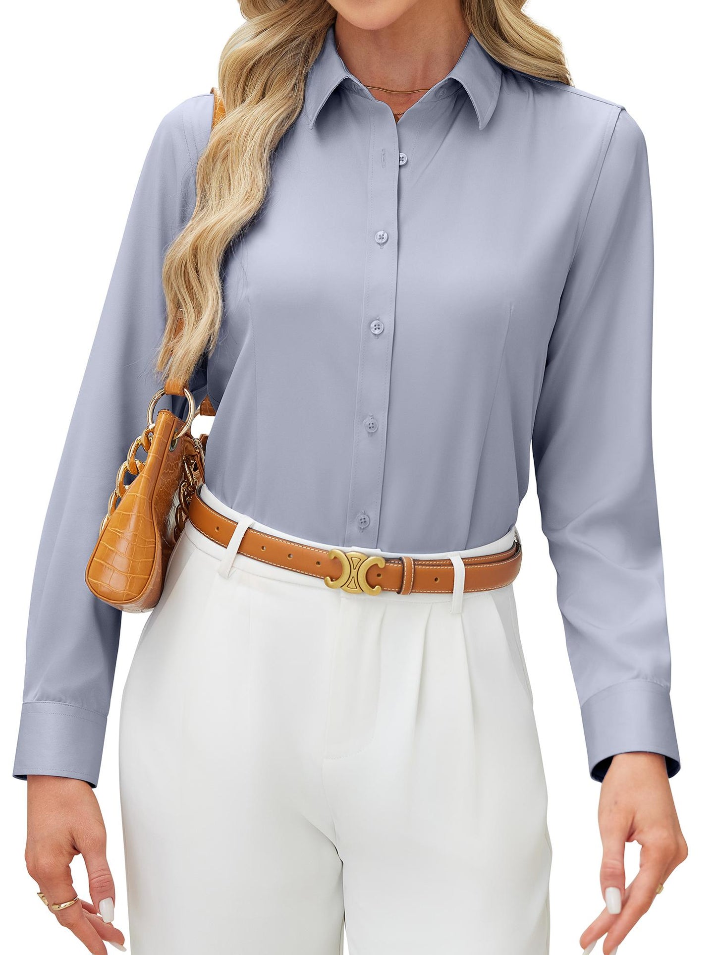 Siliteelon Women's Long Sleeve Button Down Shirts Wrinkle-Free Office Work Blouse