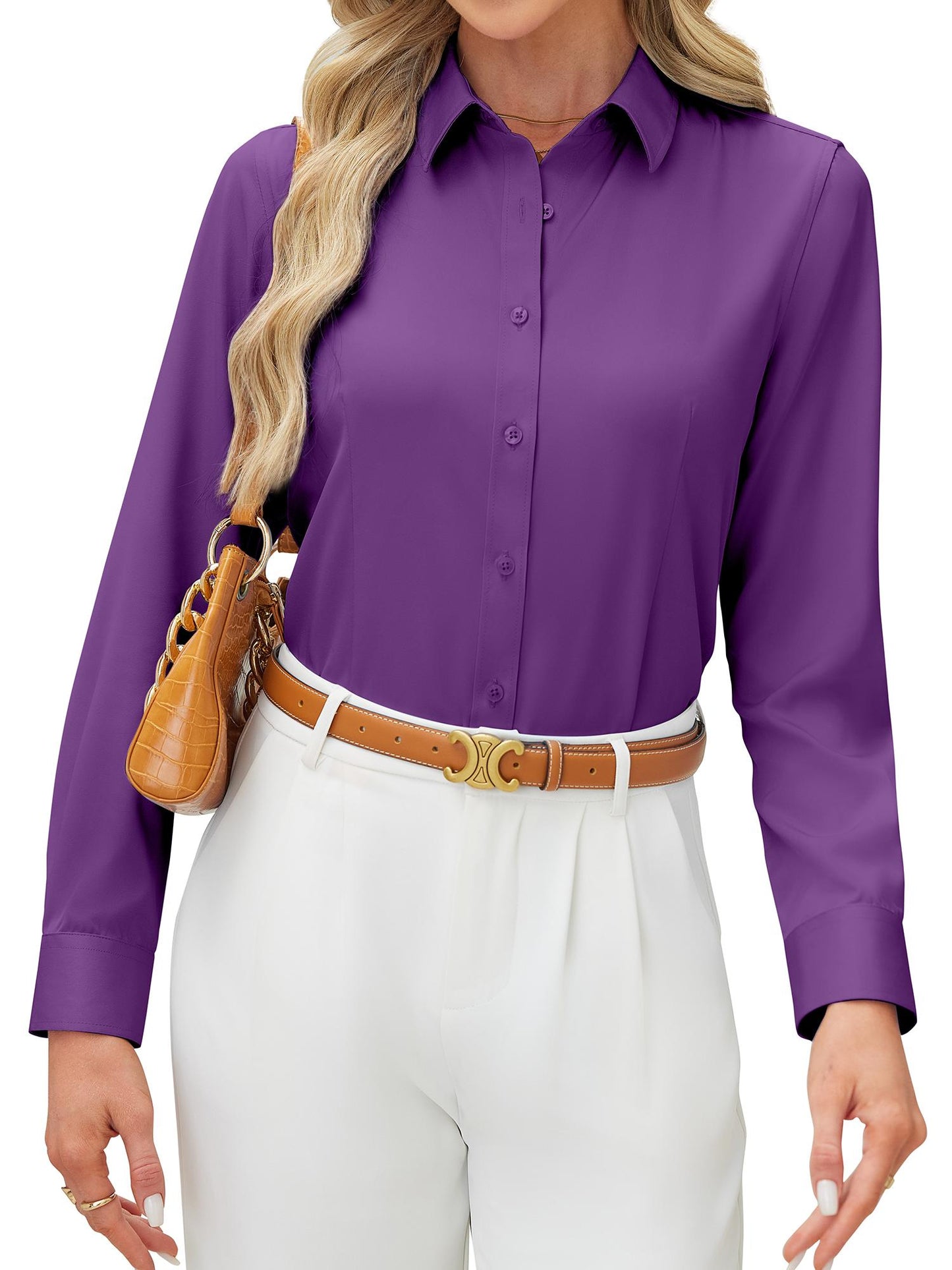 Siliteelon Women's Long Sleeve Button Down Shirts Wrinkle-Free Office Work Blouse