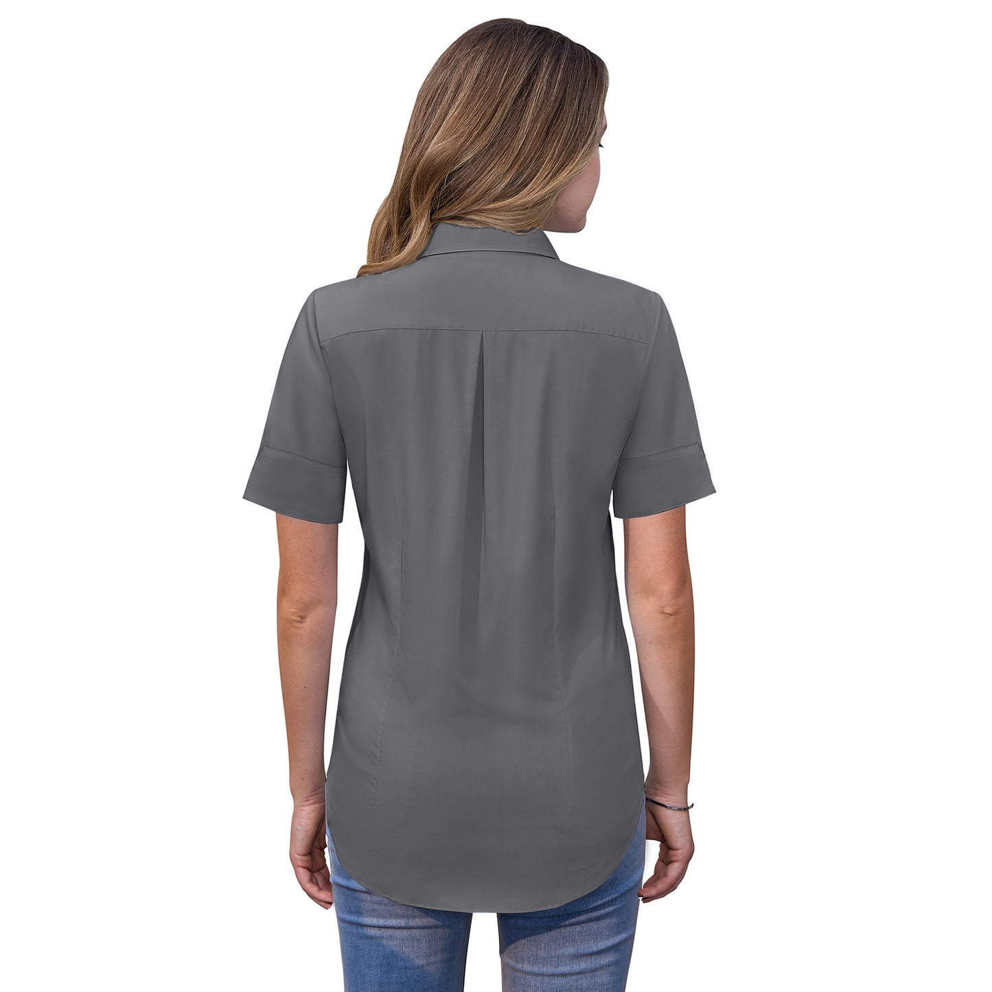 Siliteelon Womens Short Sleeve Work Blouses Cotton Button Down Shirts Slim Fit
