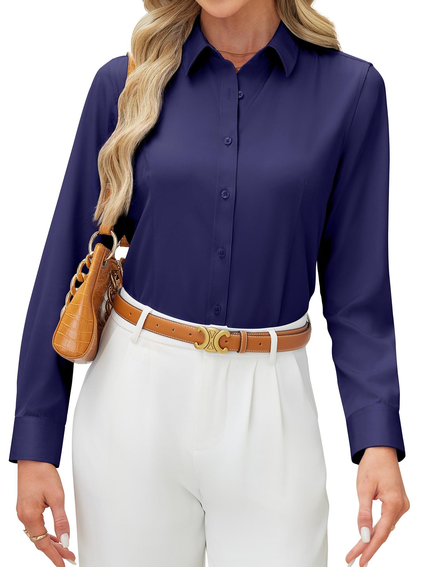 Siliteelon Women's Long Sleeve Button Down Shirts Wrinkle-Free Office Work Blouse