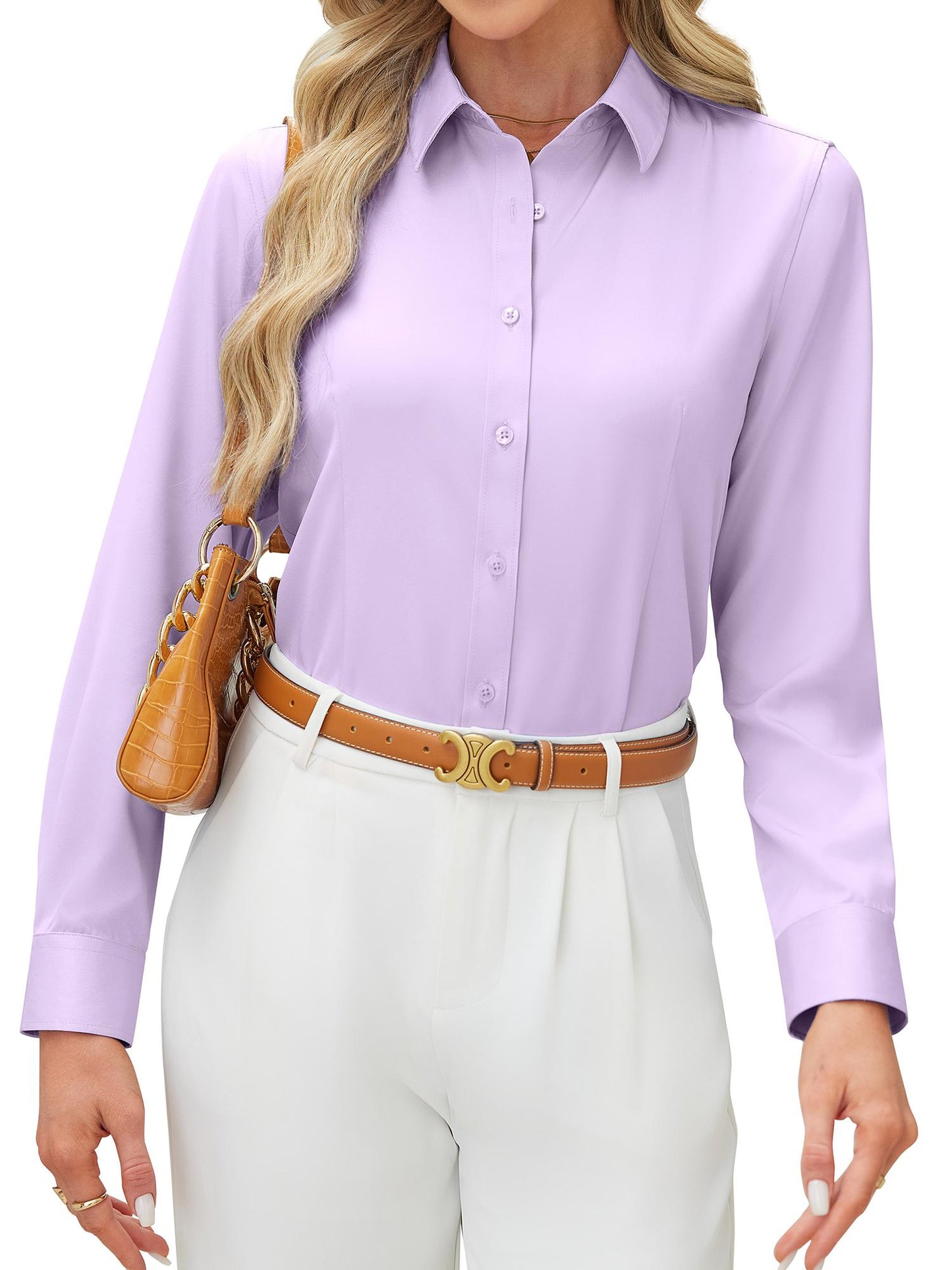 Siliteelon Women's Long Sleeve Button Down Shirts Wrinkle-Free Office Work Blouse