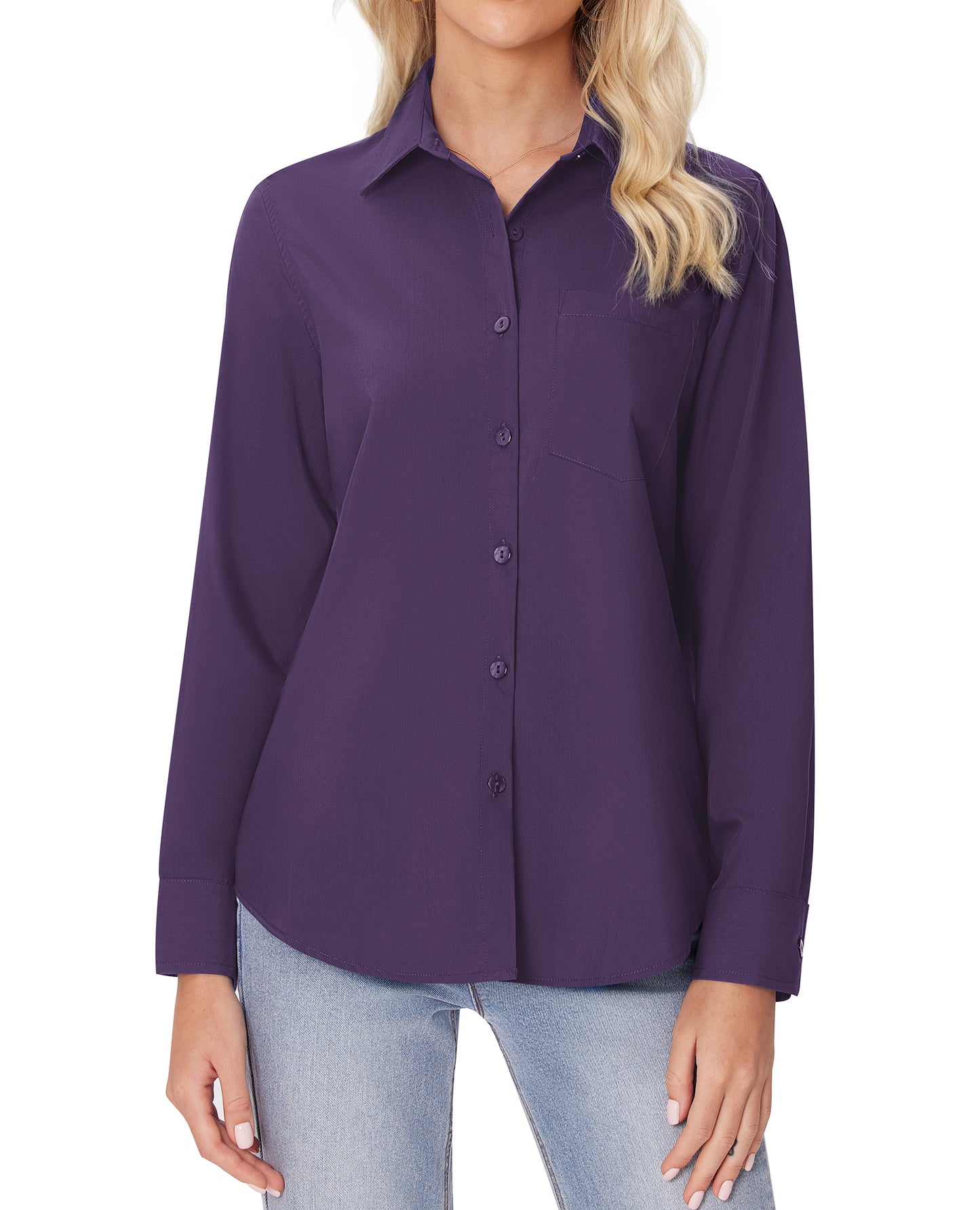 Siliteelon White Button Down Shirts for Women Long Sleeve Wrinkle Free Dress Shirts Work Office Blouse Tops with Pocket
