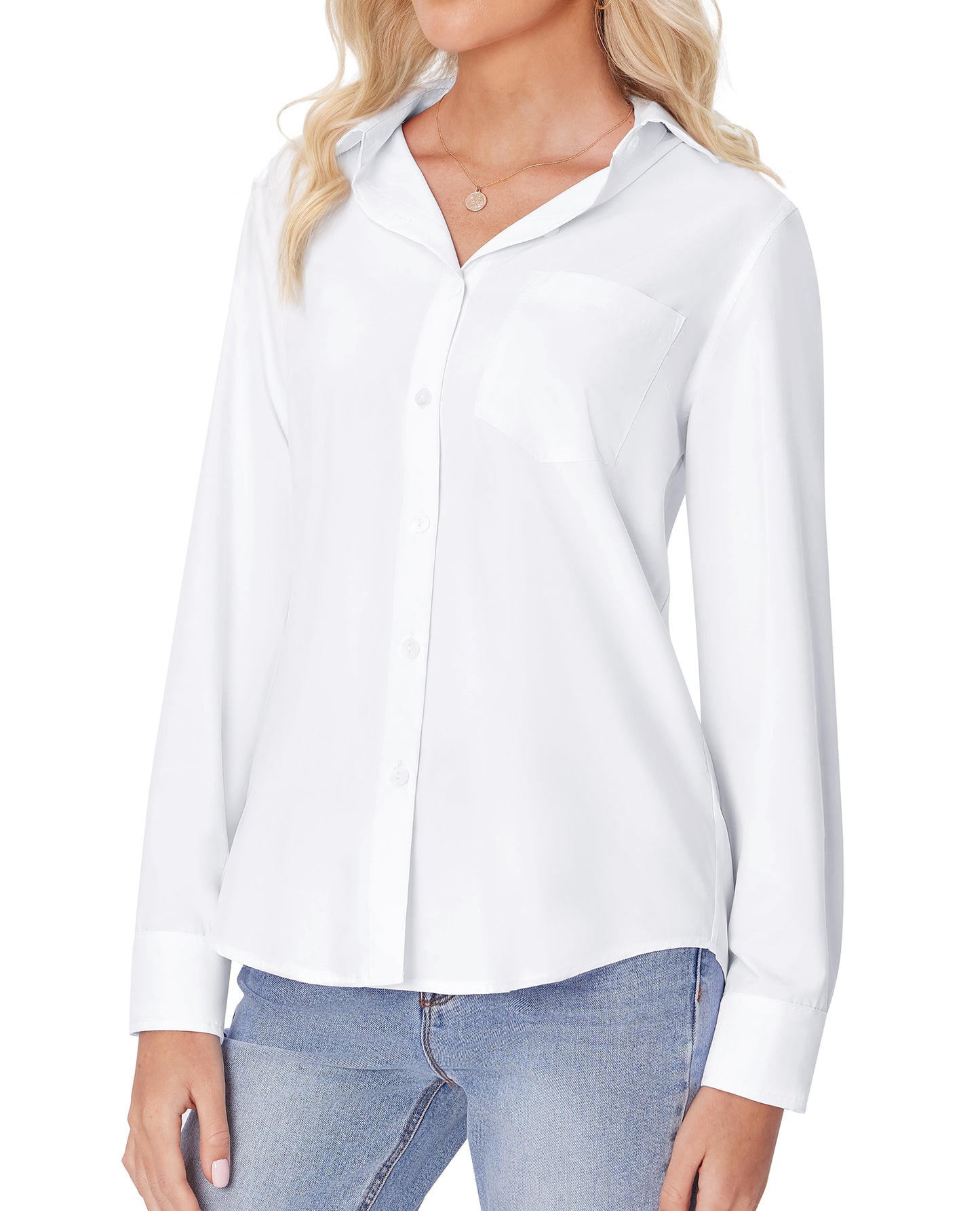 Siliteelon White Button Down Shirts for Women Long Sleeve Wrinkle Free Dress Shirts Work Office Blouse Tops with Pocket
