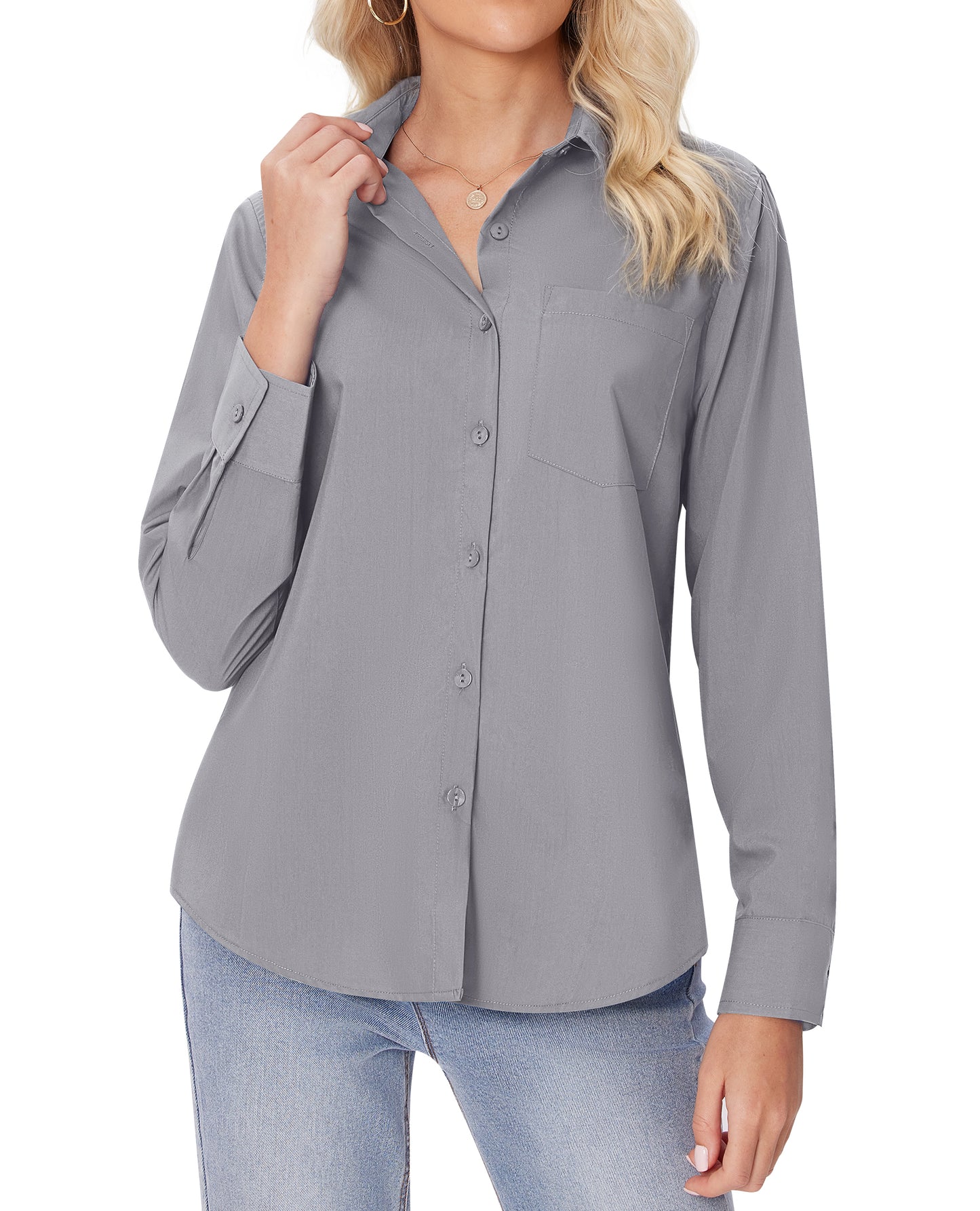 Siliteelon White Button Down Shirts for Women Long Sleeve Wrinkle Free Dress Shirts Work Office Blouse Tops with Pocket