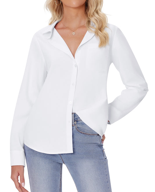 Siliteelon White Button Down Shirts for Women Long Sleeve Wrinkle Free Dress Shirts Work Office Blouse Tops with Pocket