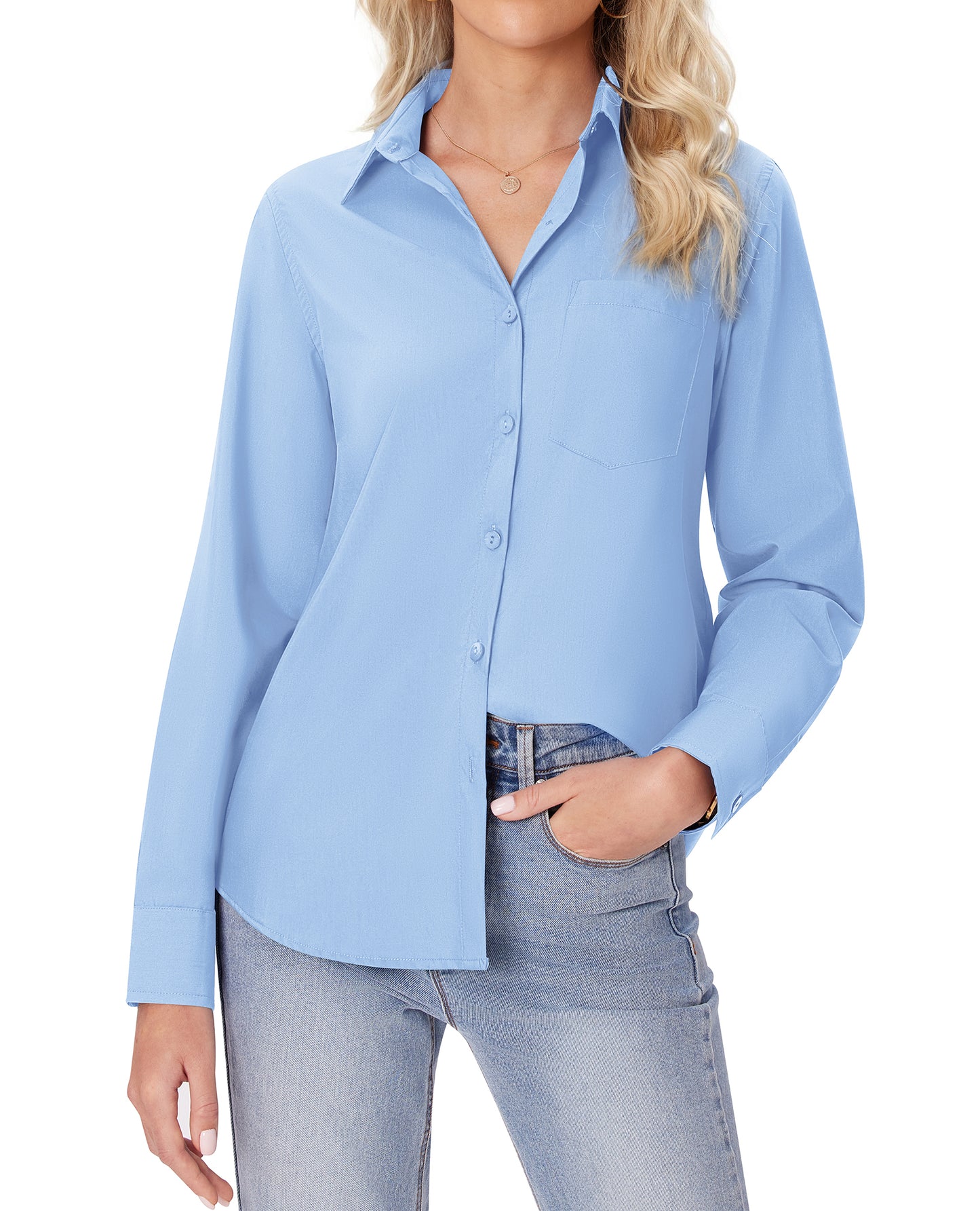 Siliteelon White Button Down Shirts for Women Long Sleeve Wrinkle Free Dress Shirts Work Office Blouse Tops with Pocket