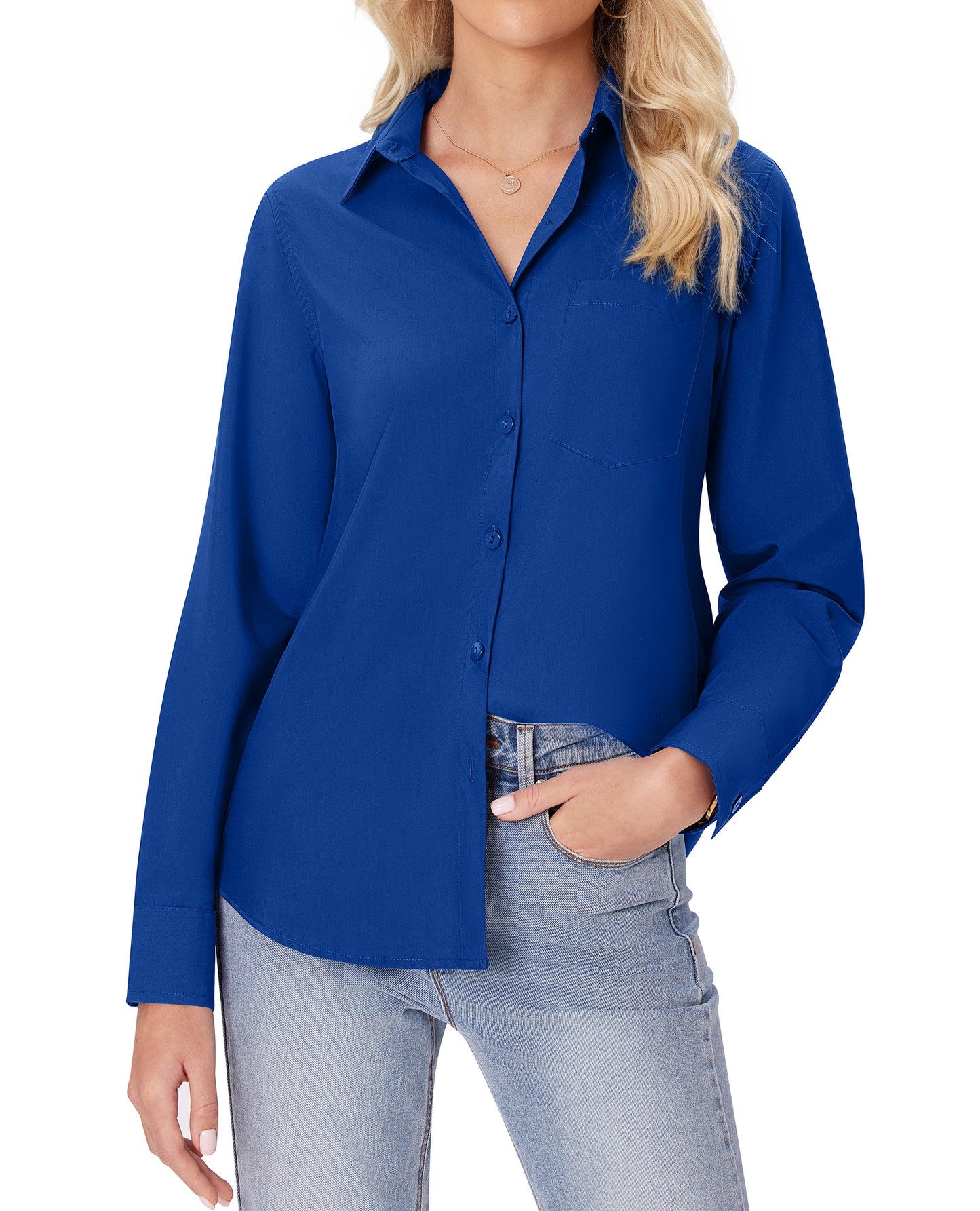 Siliteelon White Button Down Shirts for Women Long Sleeve Wrinkle Free Dress Shirts Work Office Blouse Tops with Pocket