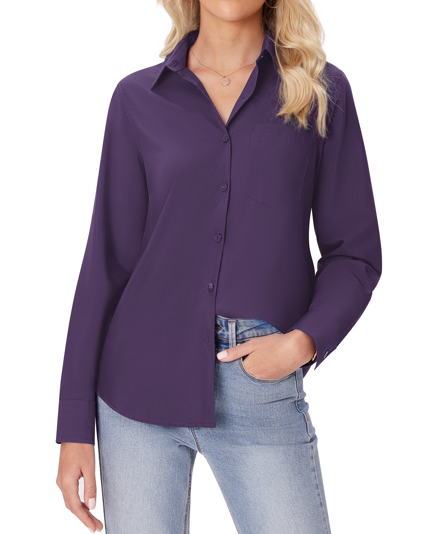 Siliteelon White Button Down Shirts for Women Long Sleeve Wrinkle Free Dress Shirts Work Office Blouse Tops with Pocket