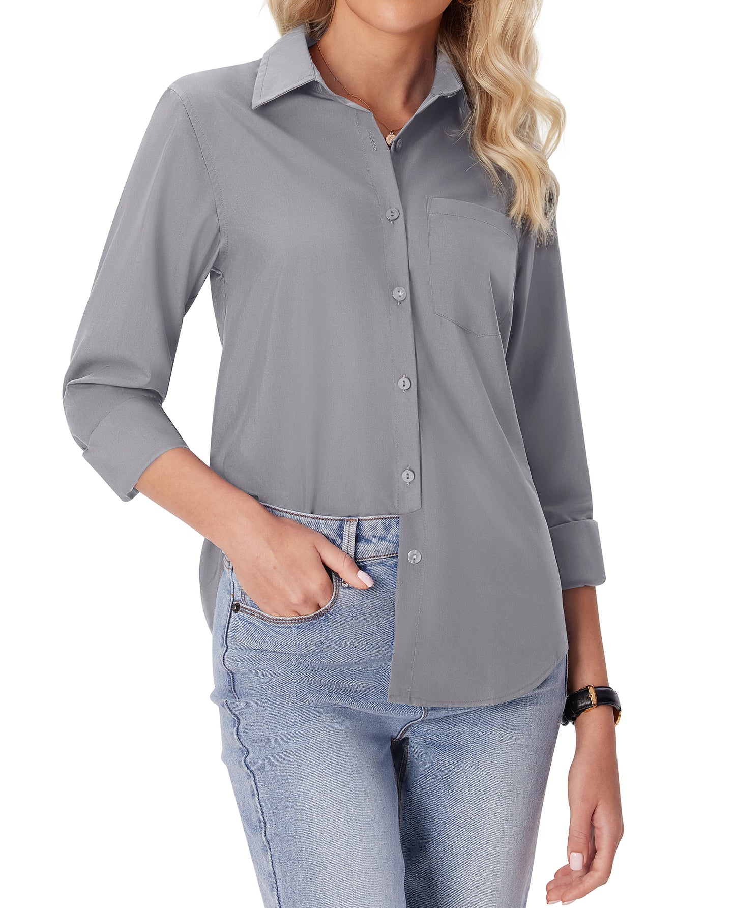Siliteelon White Button Down Shirts for Women Long Sleeve Wrinkle Free Dress Shirts Work Office Blouse Tops with Pocket