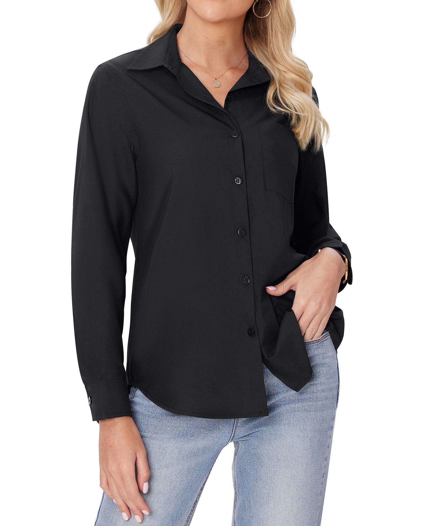Siliteelon White Button Down Shirts for Women Long Sleeve Wrinkle Free Dress Shirts Work Office Blouse Tops with Pocket